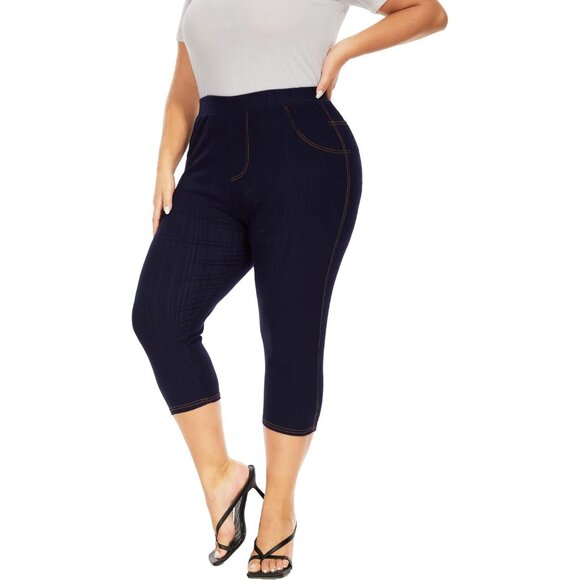 Plus Size Capri Jeggings Women High Waist Stretch Denim with Pockets - Picture 3 of 6